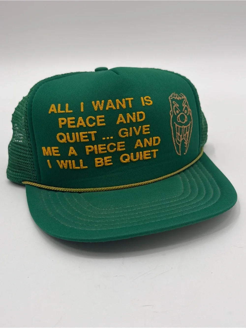 Green Mesh Trucker Hat with Yellow Embroidered Slogan - Unbranded